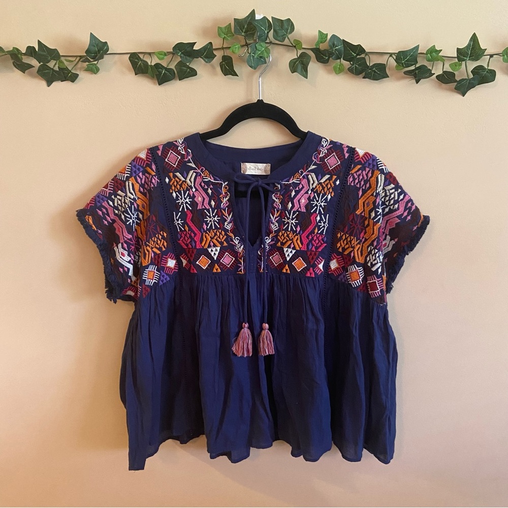 Altar'd State Large Women's Navy BoHo Embroidered Blouse Top